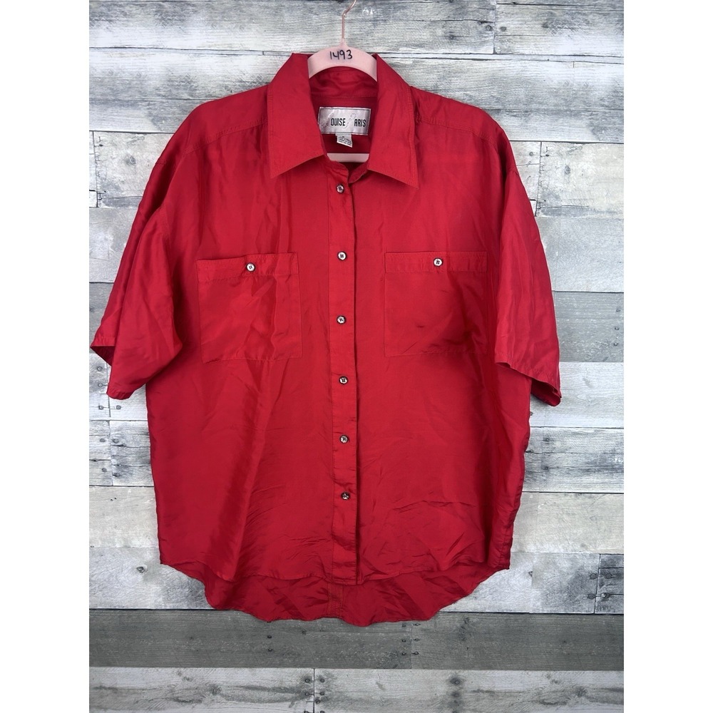 Vintage Louise Paris Medium Women's 100% Silk Red Short Sleeve Button Up